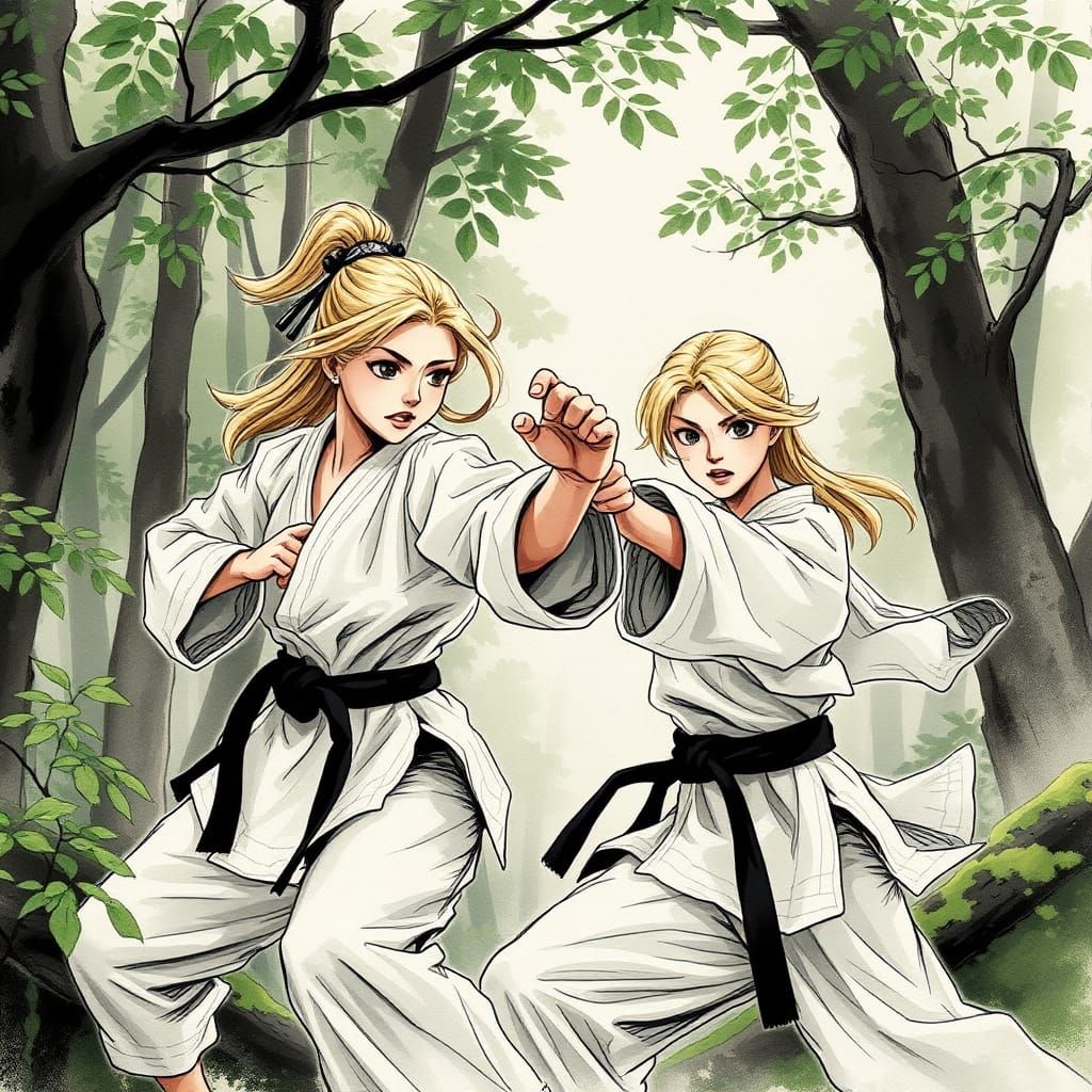 Karate Fight in Japanese Forest: Ink Painting Style