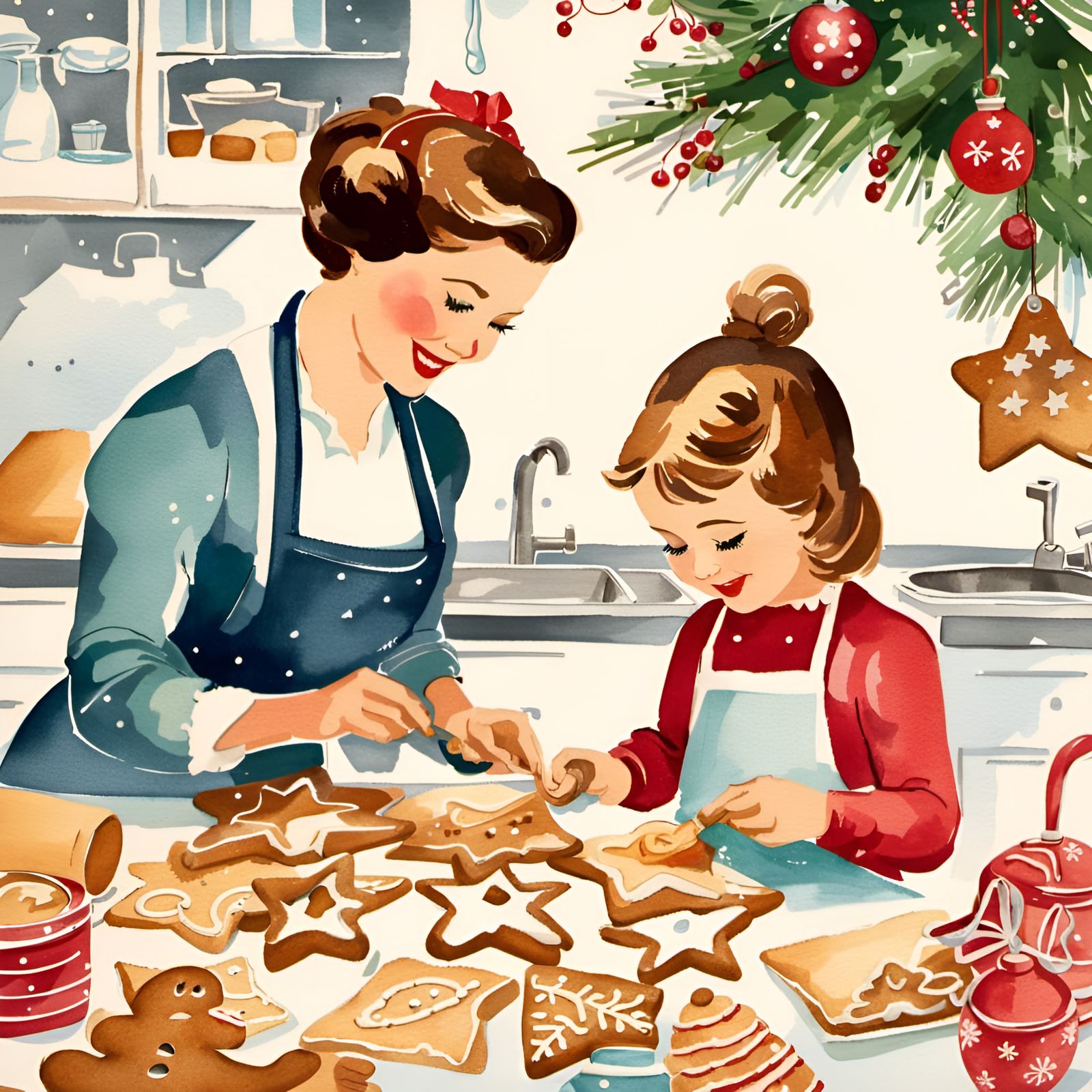 Vintage Watercolor: Mother and Daughter Baking Cookies