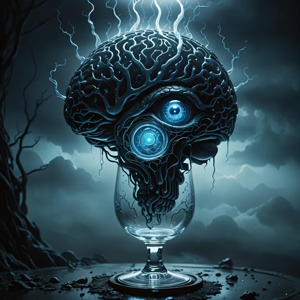 Dramatic Dark Fantasy Brain in Glass, 3D Rendering