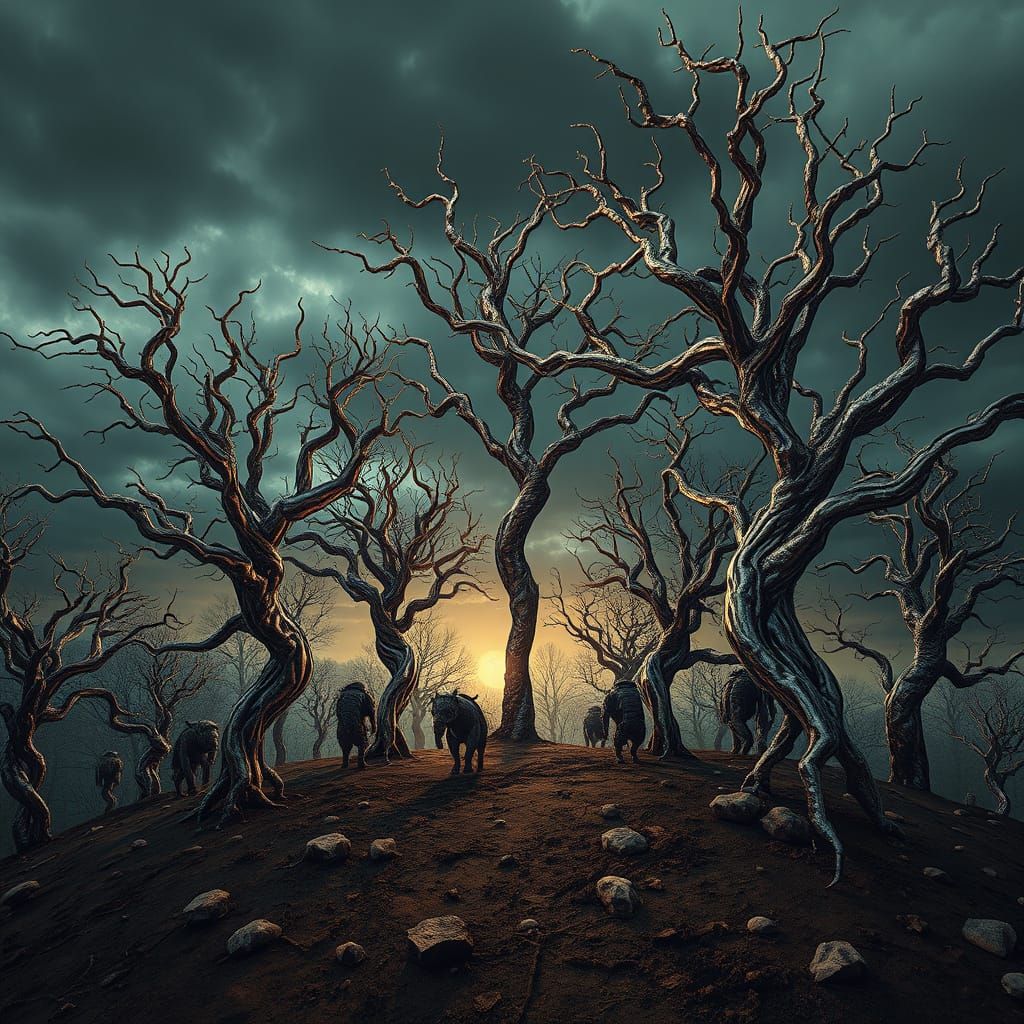 Surreal Metallic World with Chrome Trees