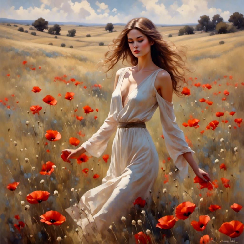 Woman in Poppy Field: Liquid Ink Art