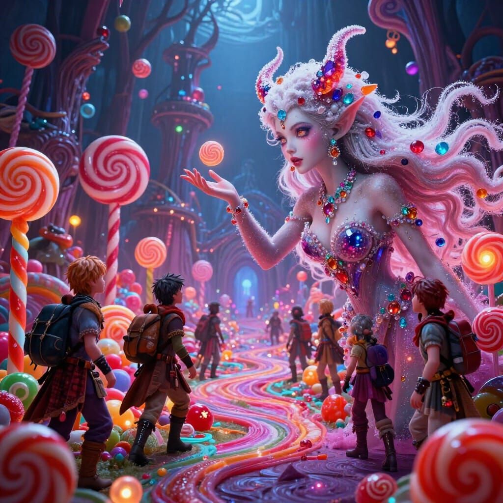 Demoness Beckons Adventurers in Hyperrealistic Candyland