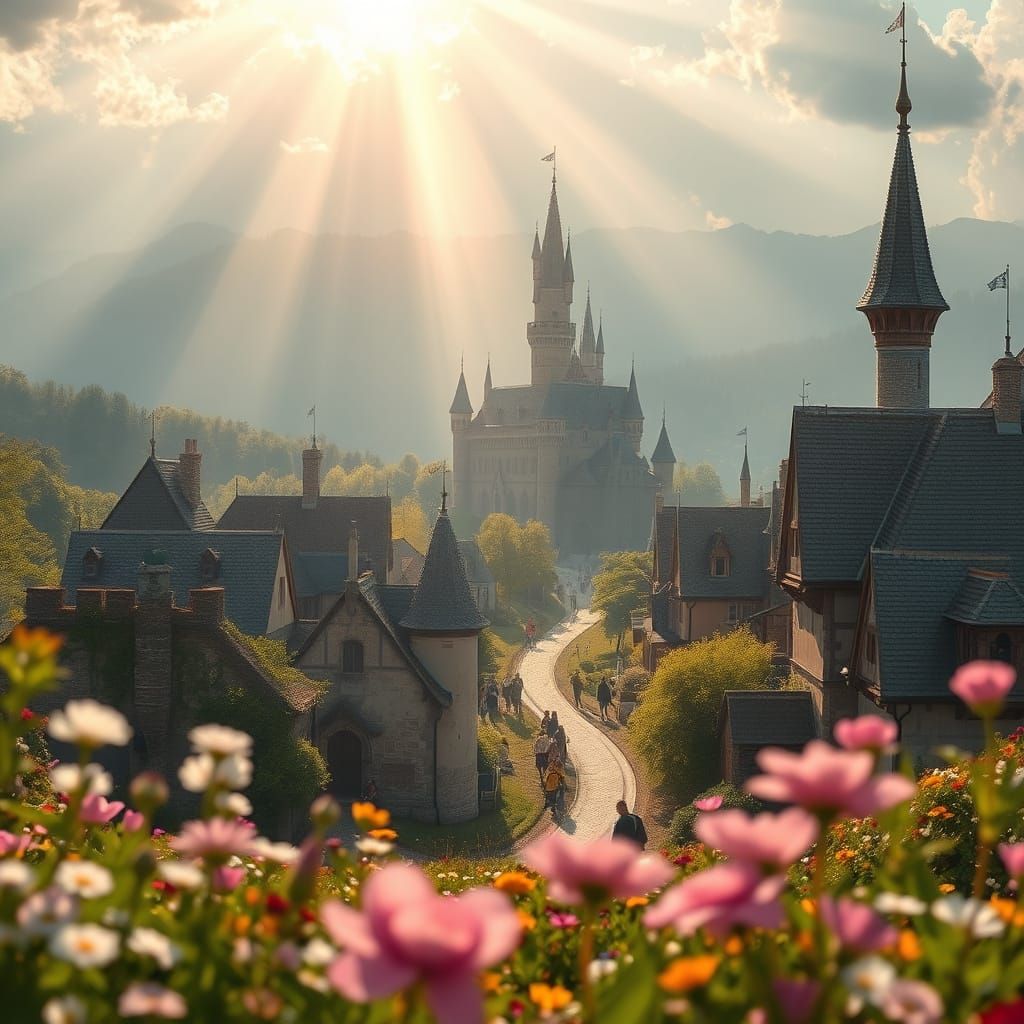 Medieval Fantasy Town in Vibrant Spring Bloom