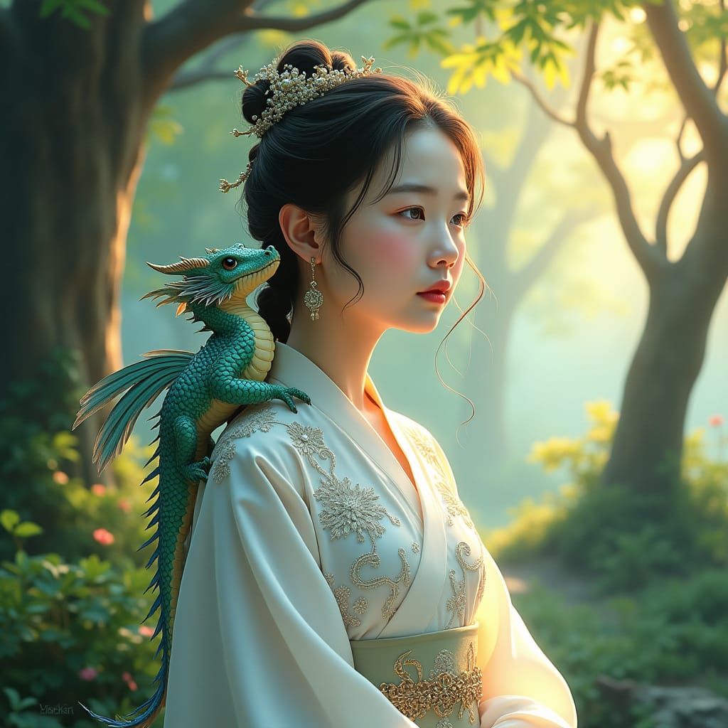 Mystical Forest Scene with Girl and Dragon