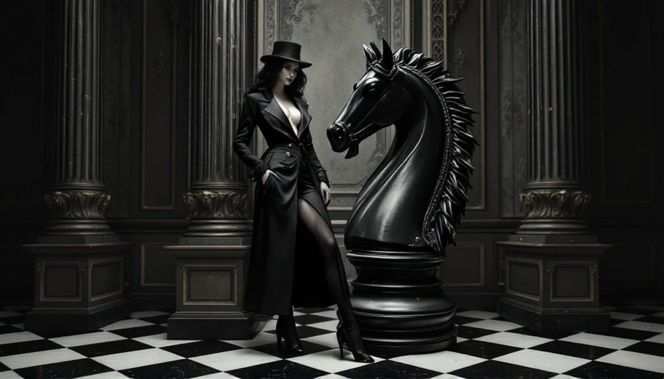 A Tall Woman Leans Against a Giant Chess Knight