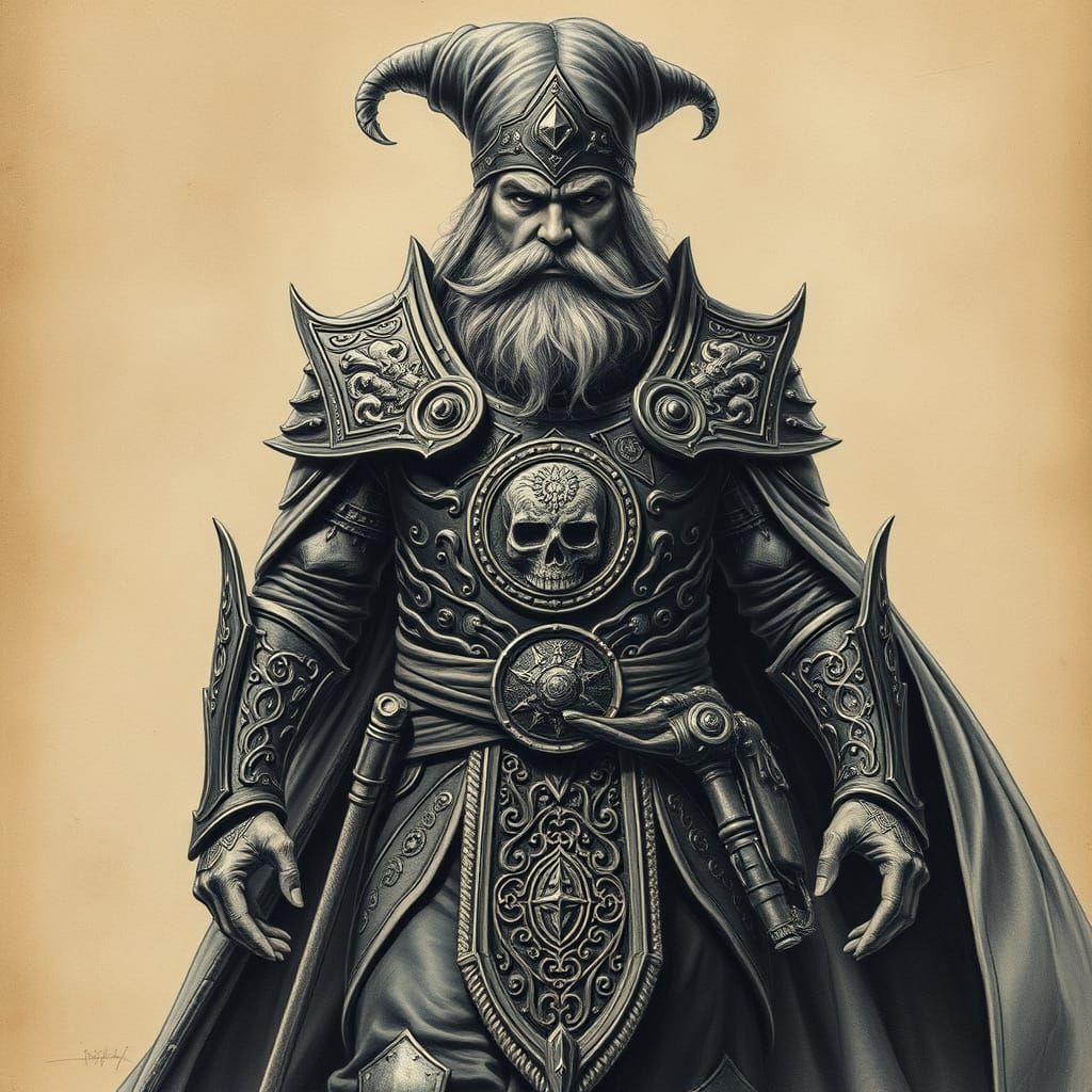 Powerful Wizard in Intricate Armor, Charcoal Drawing
