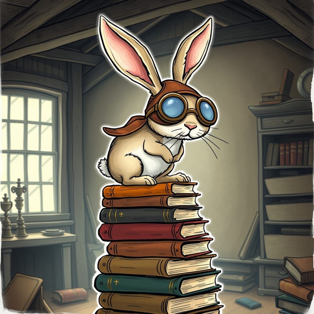 Whimsical Rabbit Aviator on Antique Books