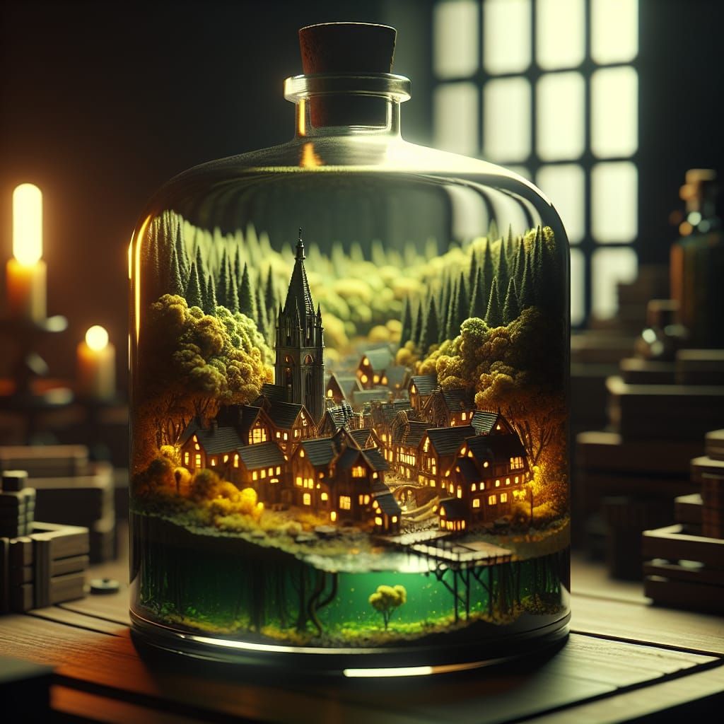 Miniature Forest Town in a Bottle, Octane Render
