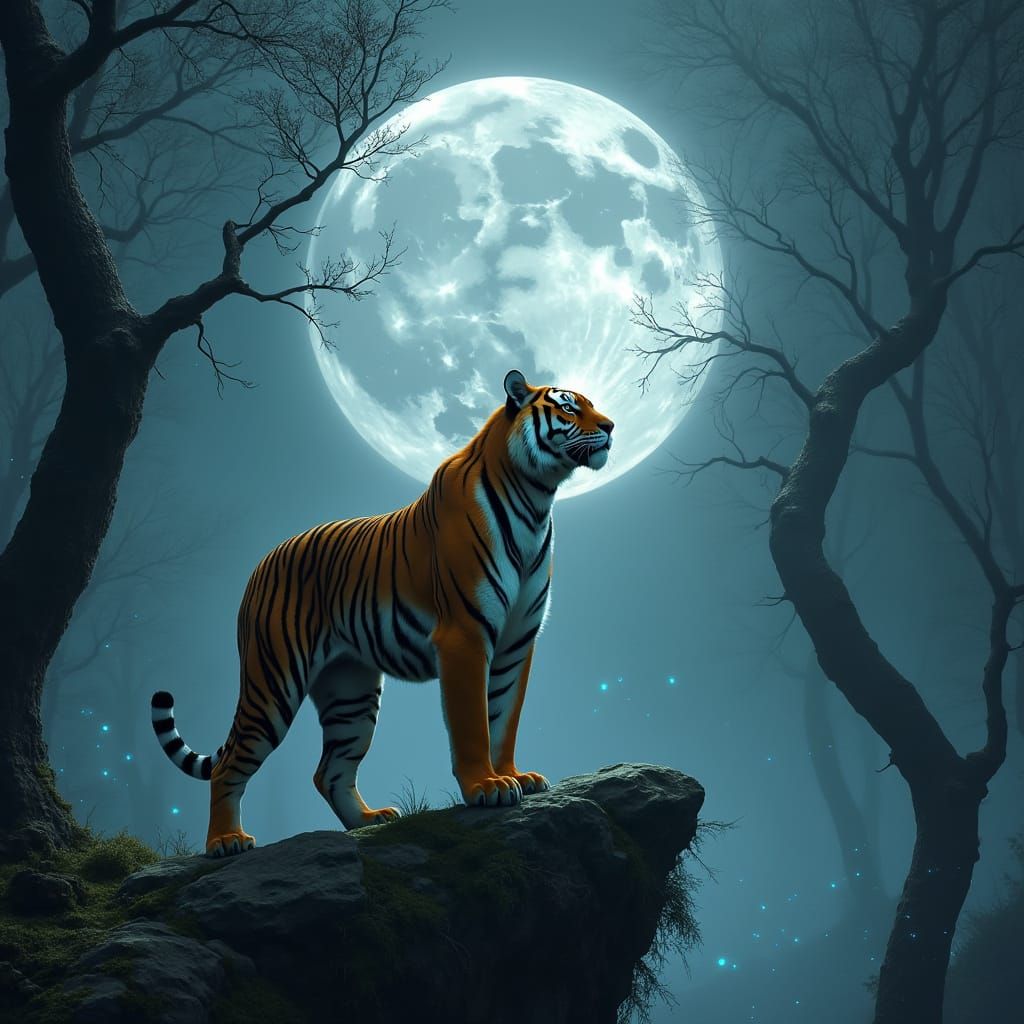 Hyper-Realistic Bengal Tiger Amidst Ancient Forest and Celes...