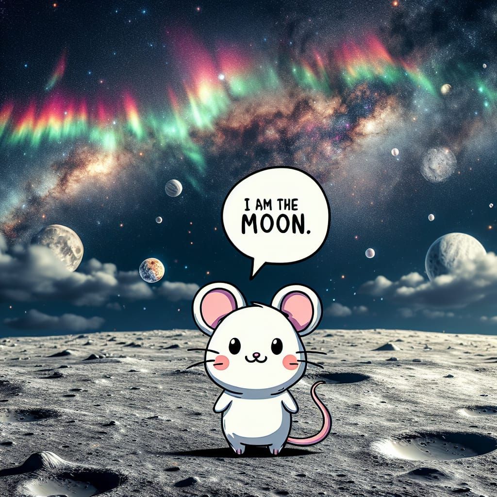 Chibi Mouse on the Moon with Northern Lights