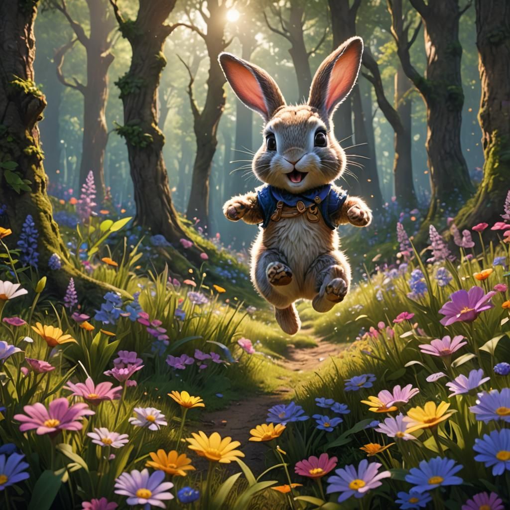 Cute Bunny in Sunny Forest, Detailed Matte Painting