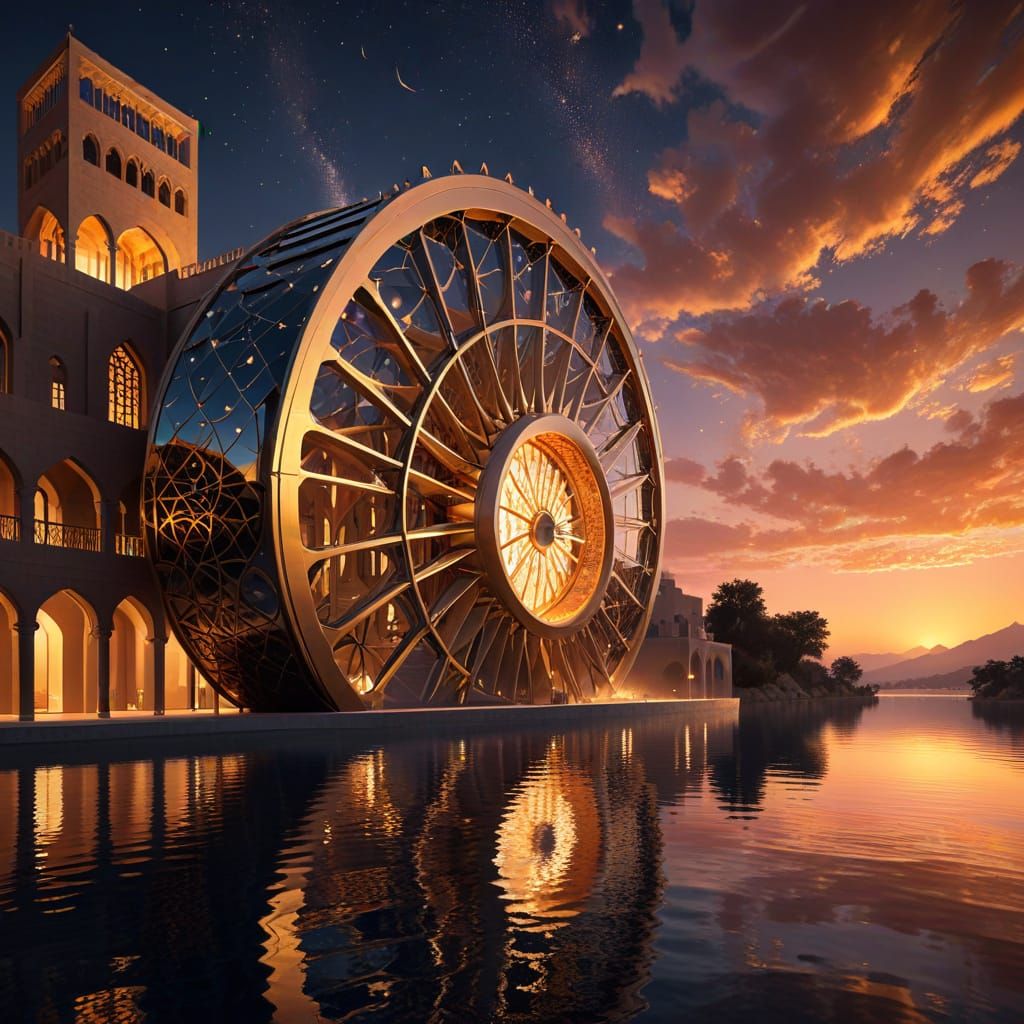 Majestic Islamic Waterwheel in Dreamlike Atmosphere