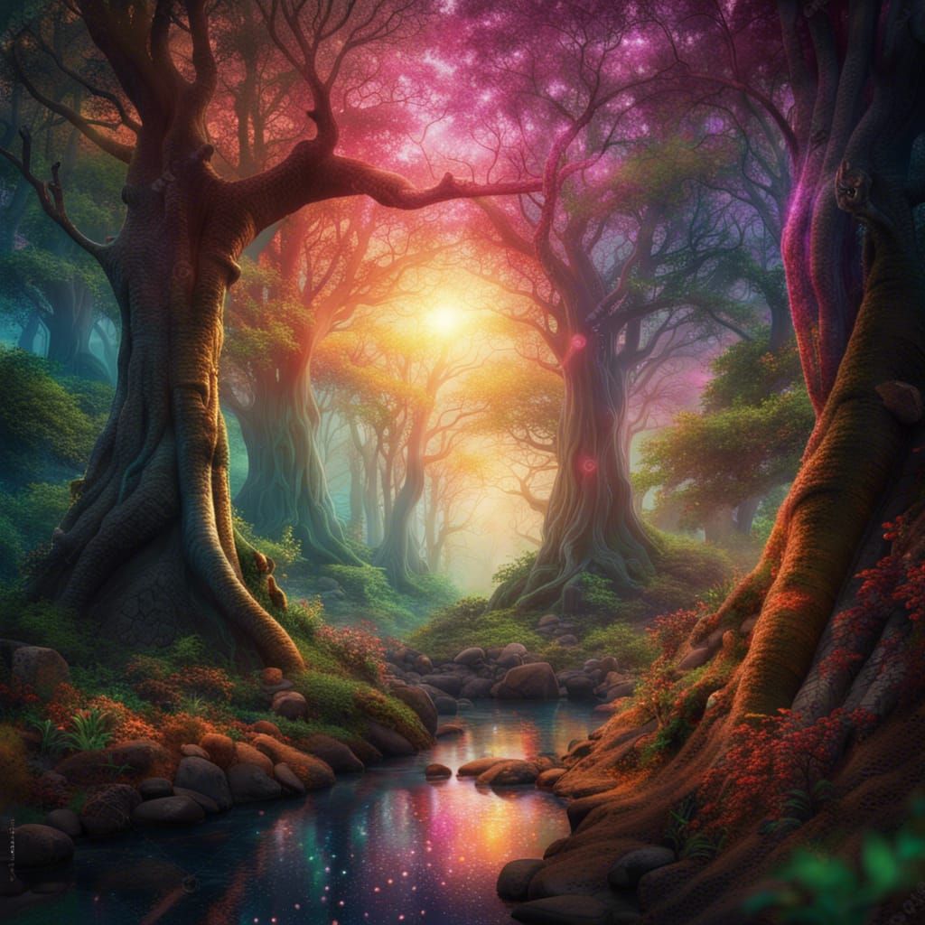 Ethereal Elf in Radiant Forest at Sunset