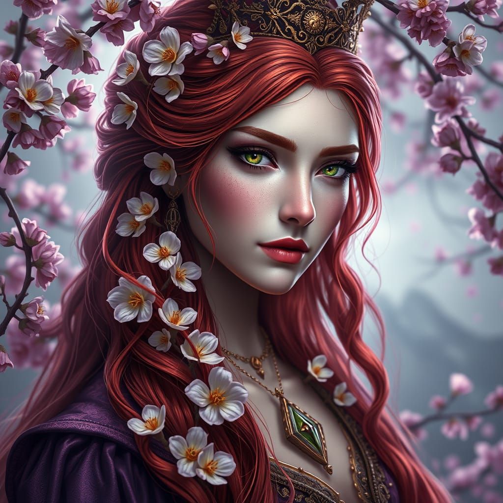 Red-Haired Queen with Almond Blossoms and Emerald Eyes