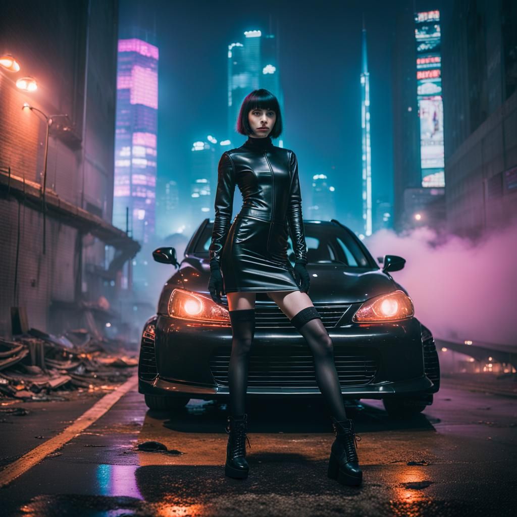 Cyberpunk Yakuza Girl with Custom Car in Sci-Fi City