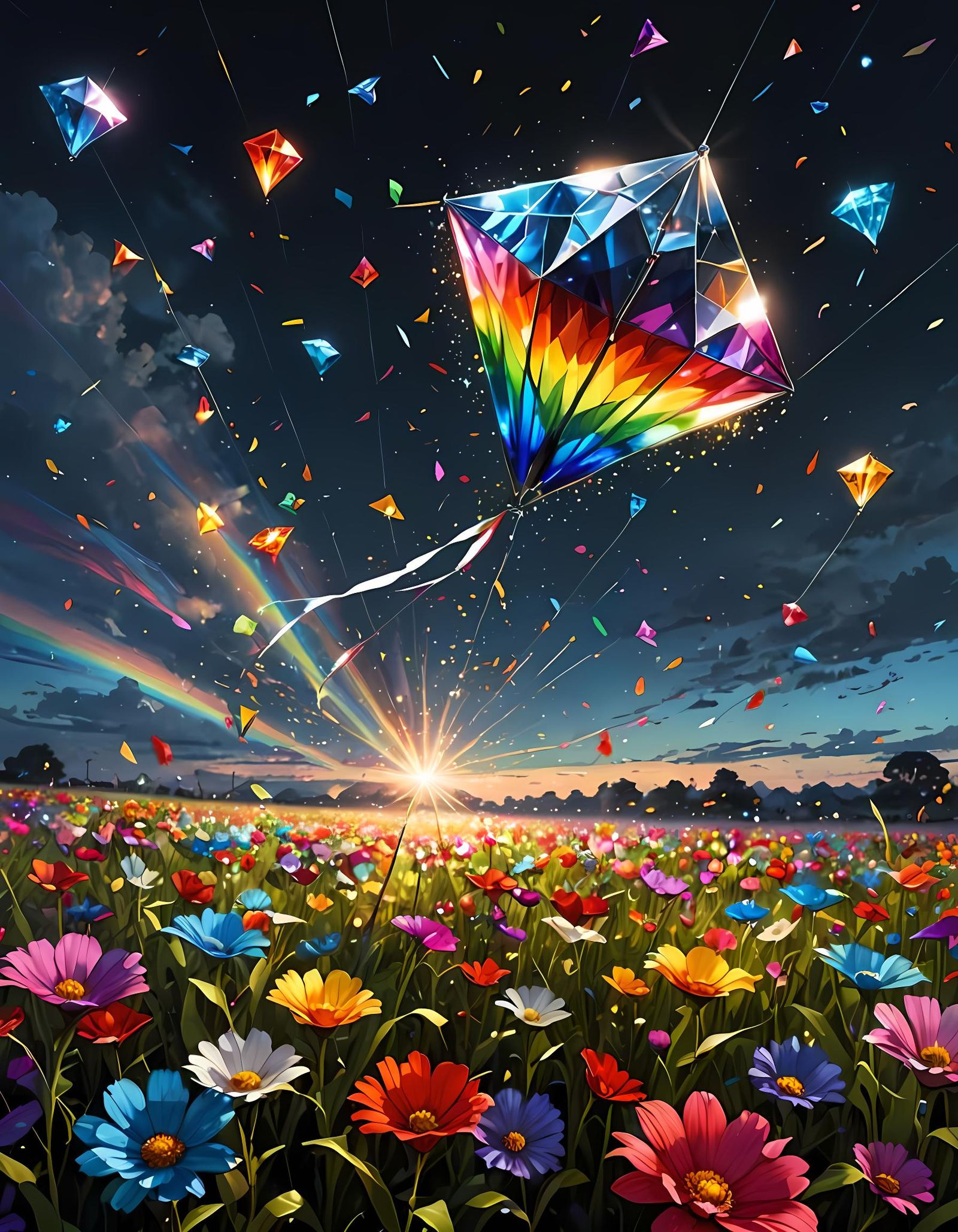 Crystalline Kite Soaring Over Flower Field