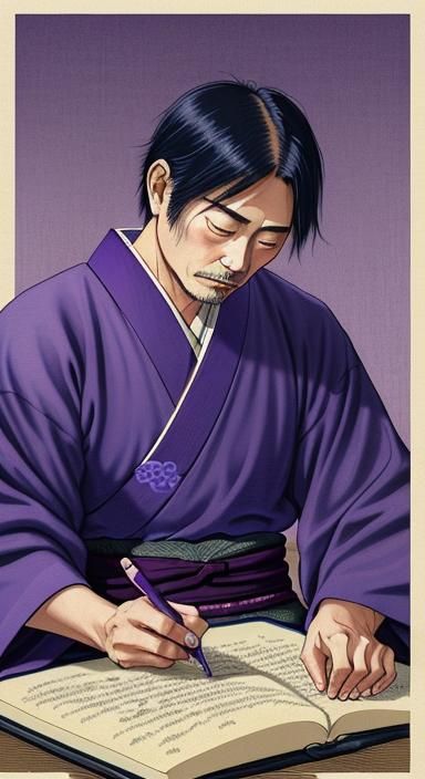 Meiji-Era Japanese Man Writing, Woodblock Print