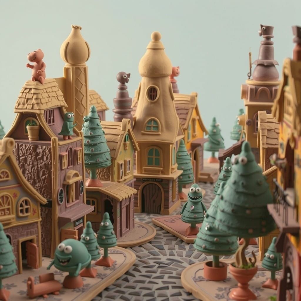Whimsical Claymation Scene of Village Life