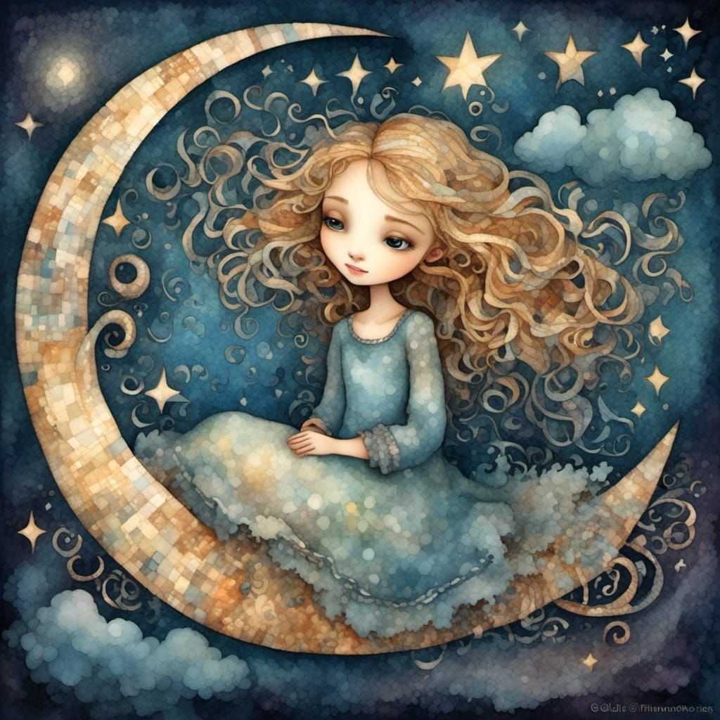 acuarela, niña en la luna