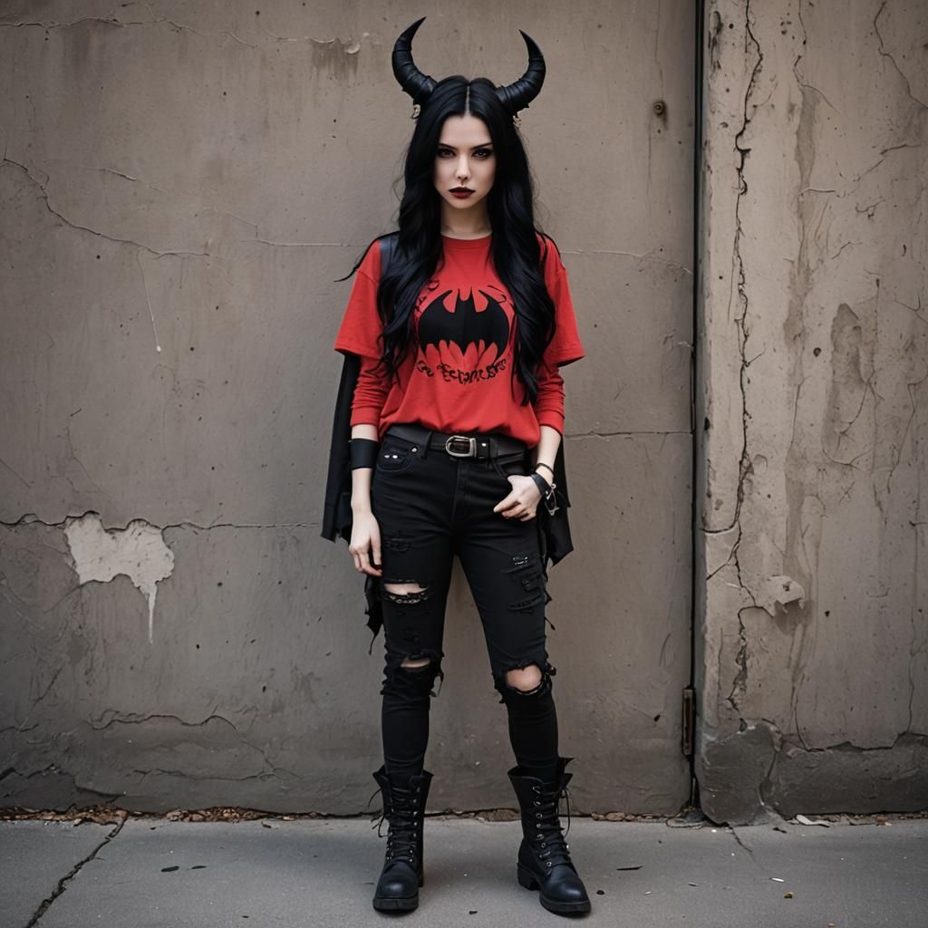 Adorable Gothcore Woman with Twisted Horns and Bat Clips