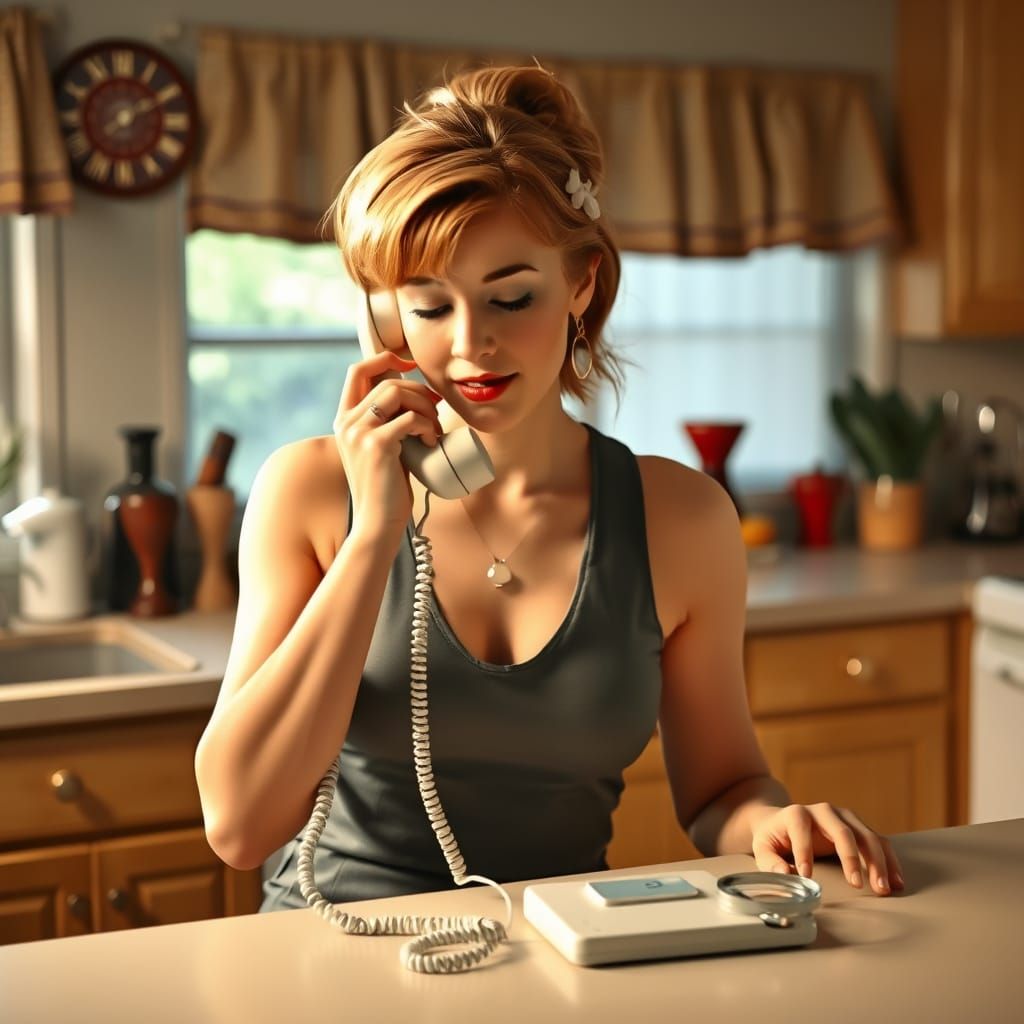 Phone Cord Woman Talking in 1980s Kitchen