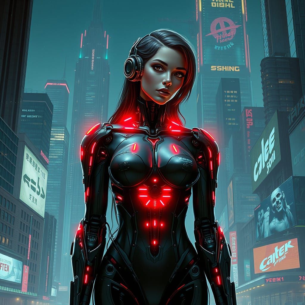 Surreal Cyberpunk Goddess in Dark Neon Cityscape