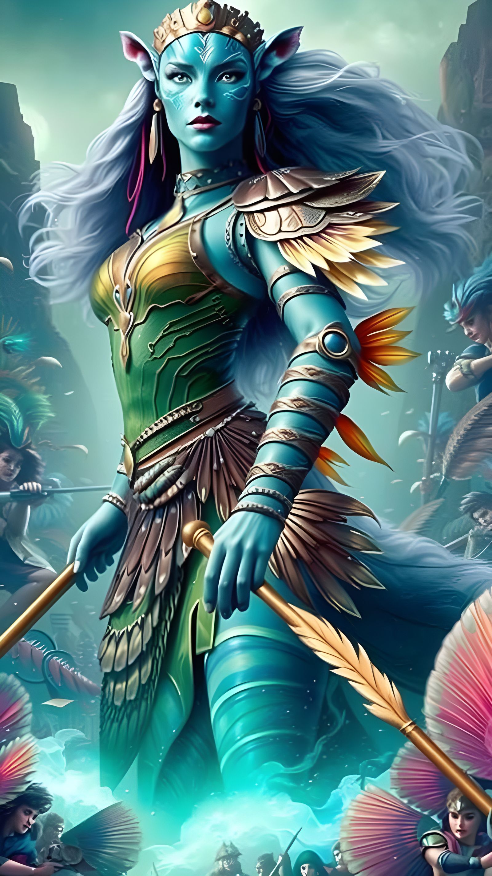 Legendary Amazon Queen with Peacock Wings and Staff