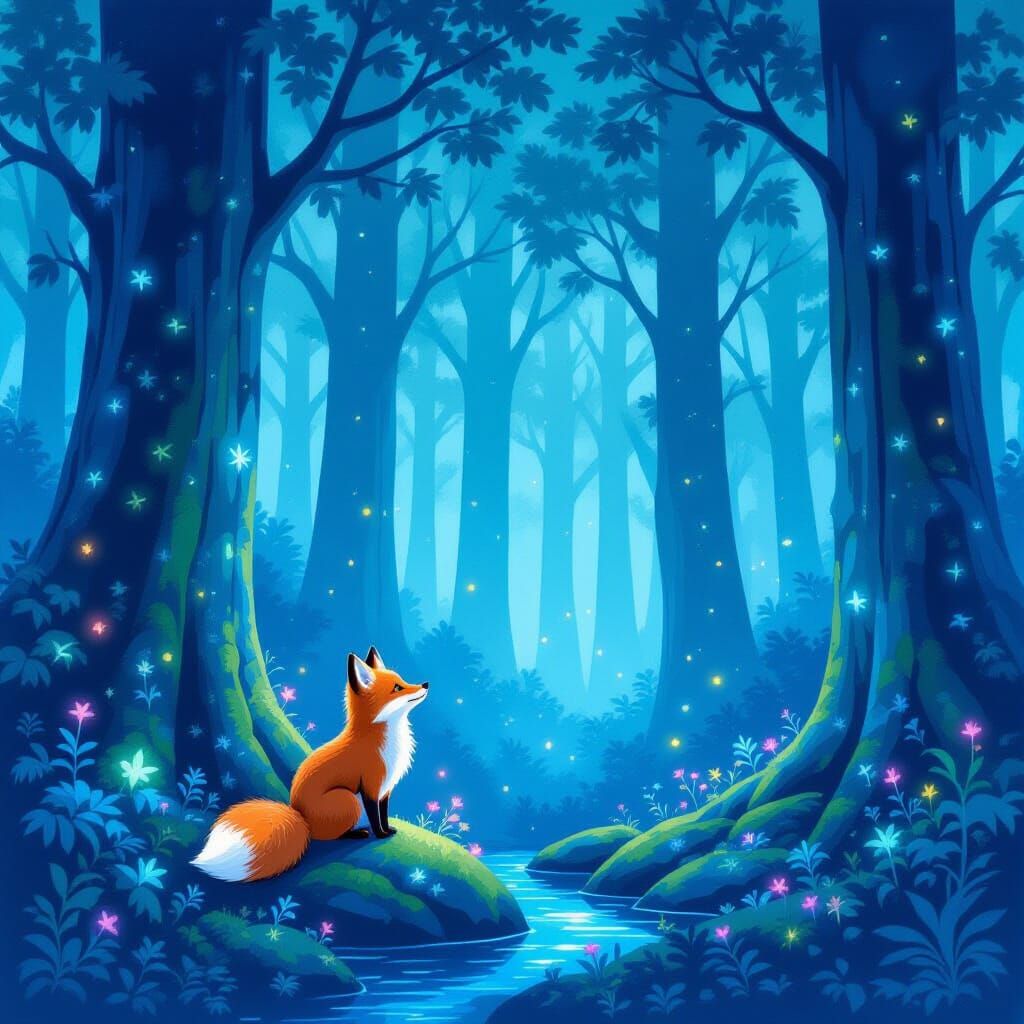 Bioluminescent Forest with Fox in Watercolor Style