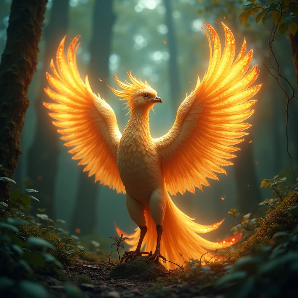 Majestic Phoenix in Primeval Forest, with Metallic Golden Fe...
