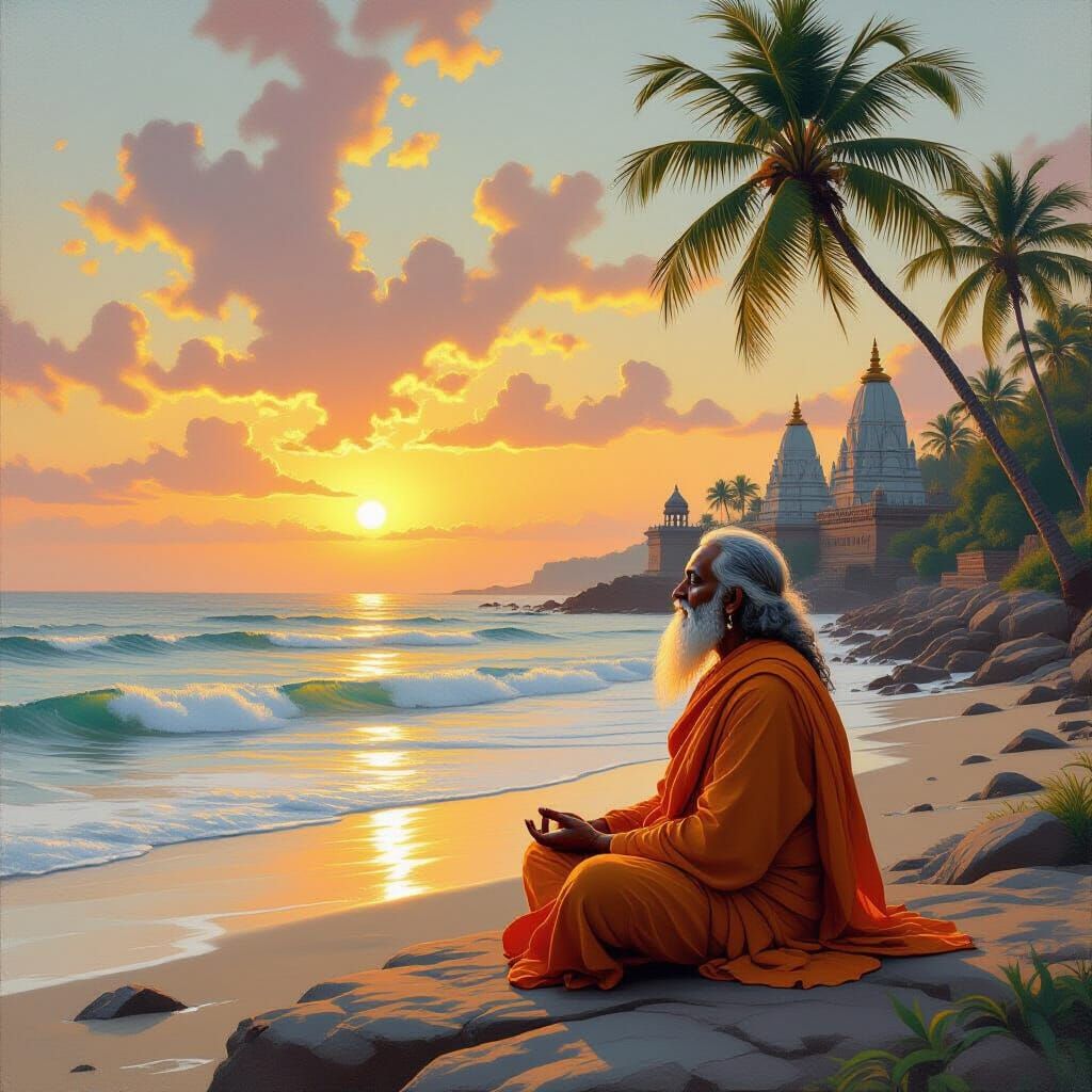 Meditating Sadhu at Sunset: Raja Ravi Varma Style