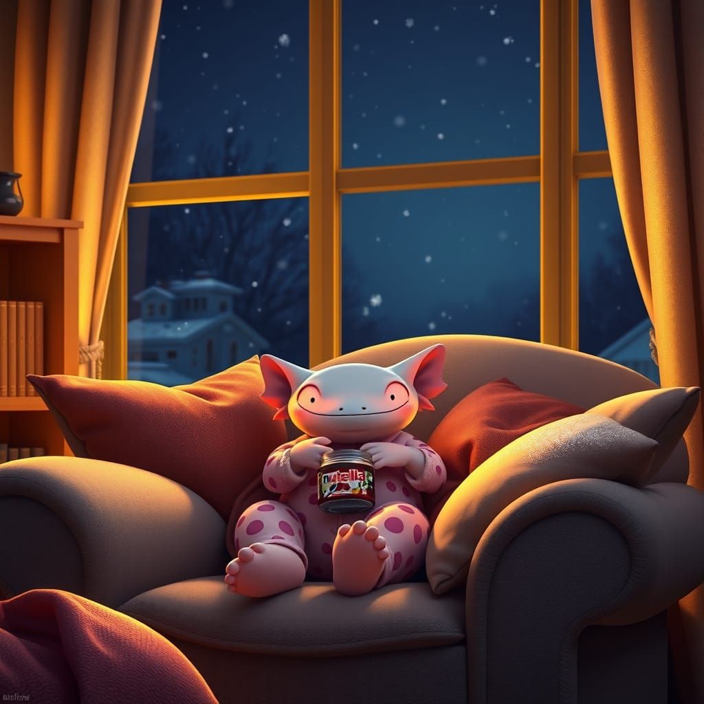 Whimsical Axolotl in Cozy Winter Wonderland