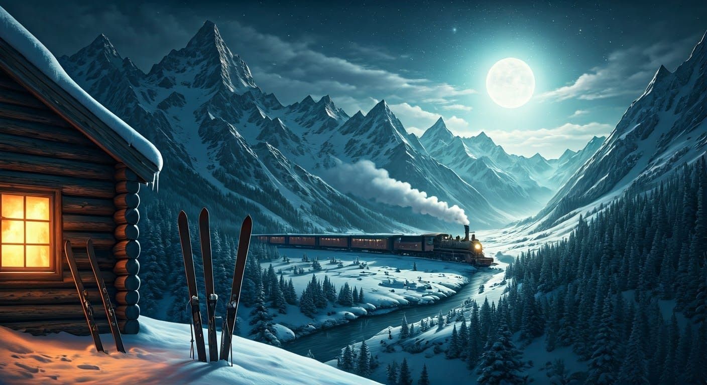 Snowy Mountain Retreat in Golden Light