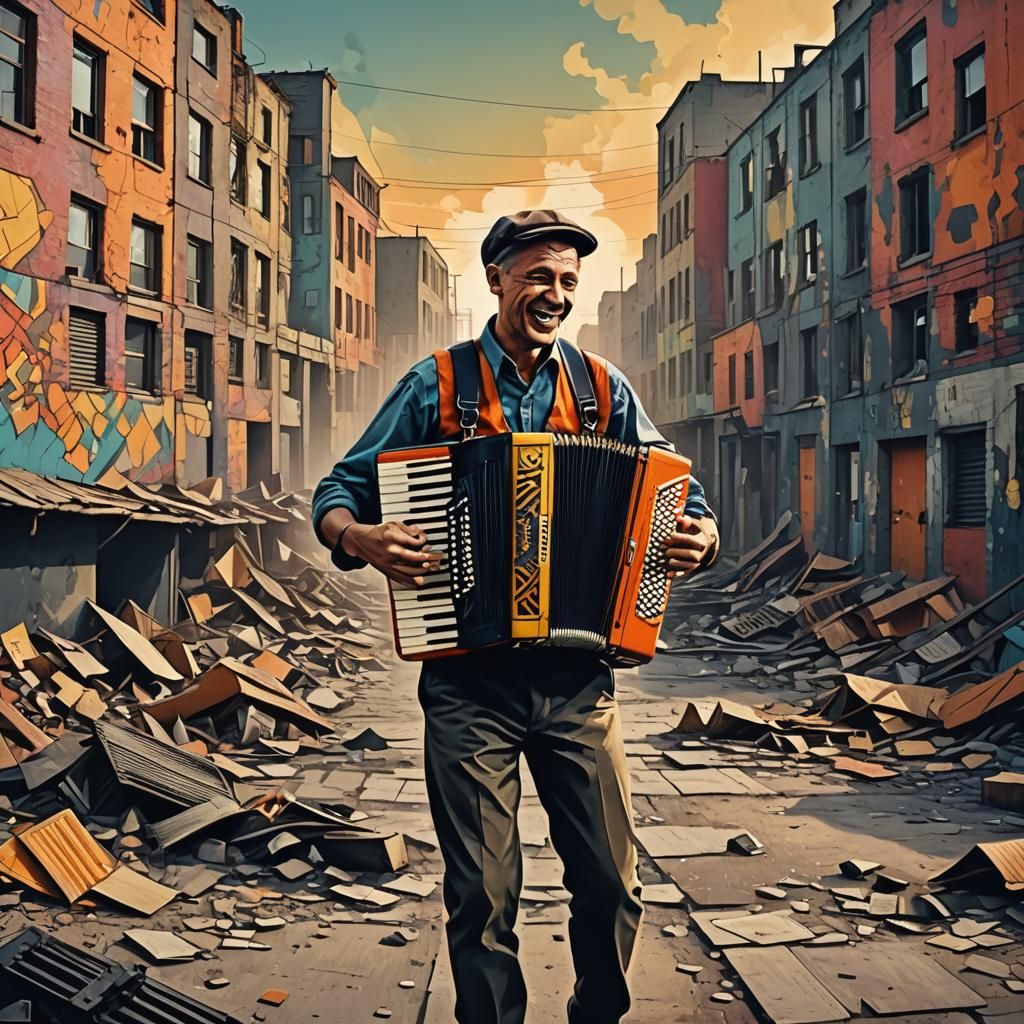 Joyful Accordion Player in Industrial Wasteland: Pop Art