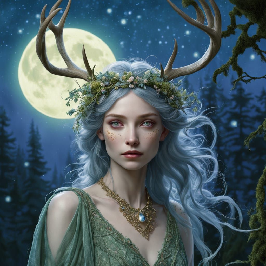 Moonlit Faerie Deer in Art Nouveau Style