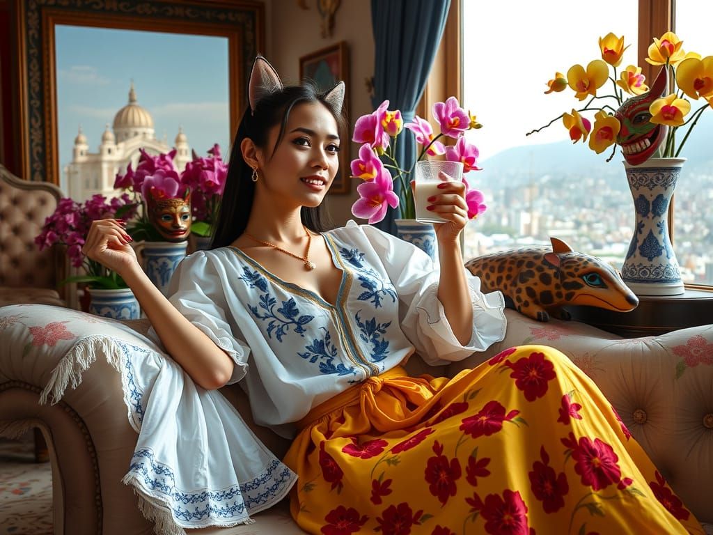 Latina with Cat Ears in Caracas, Realistic Full Shot