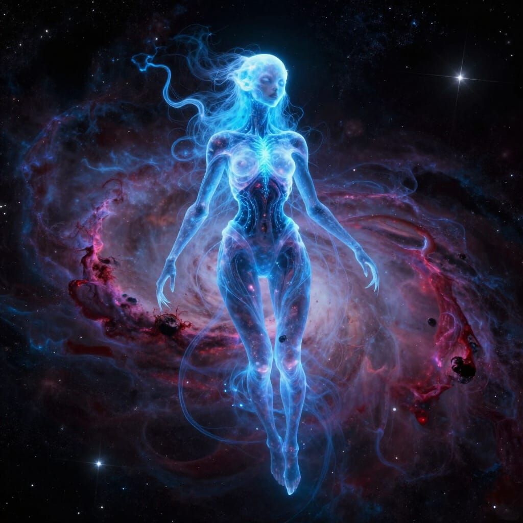 A majestic bioluminescent man drifts through a cosmic ocean, its tendrils trailing stardust. Nebulae swirl in the backgr...