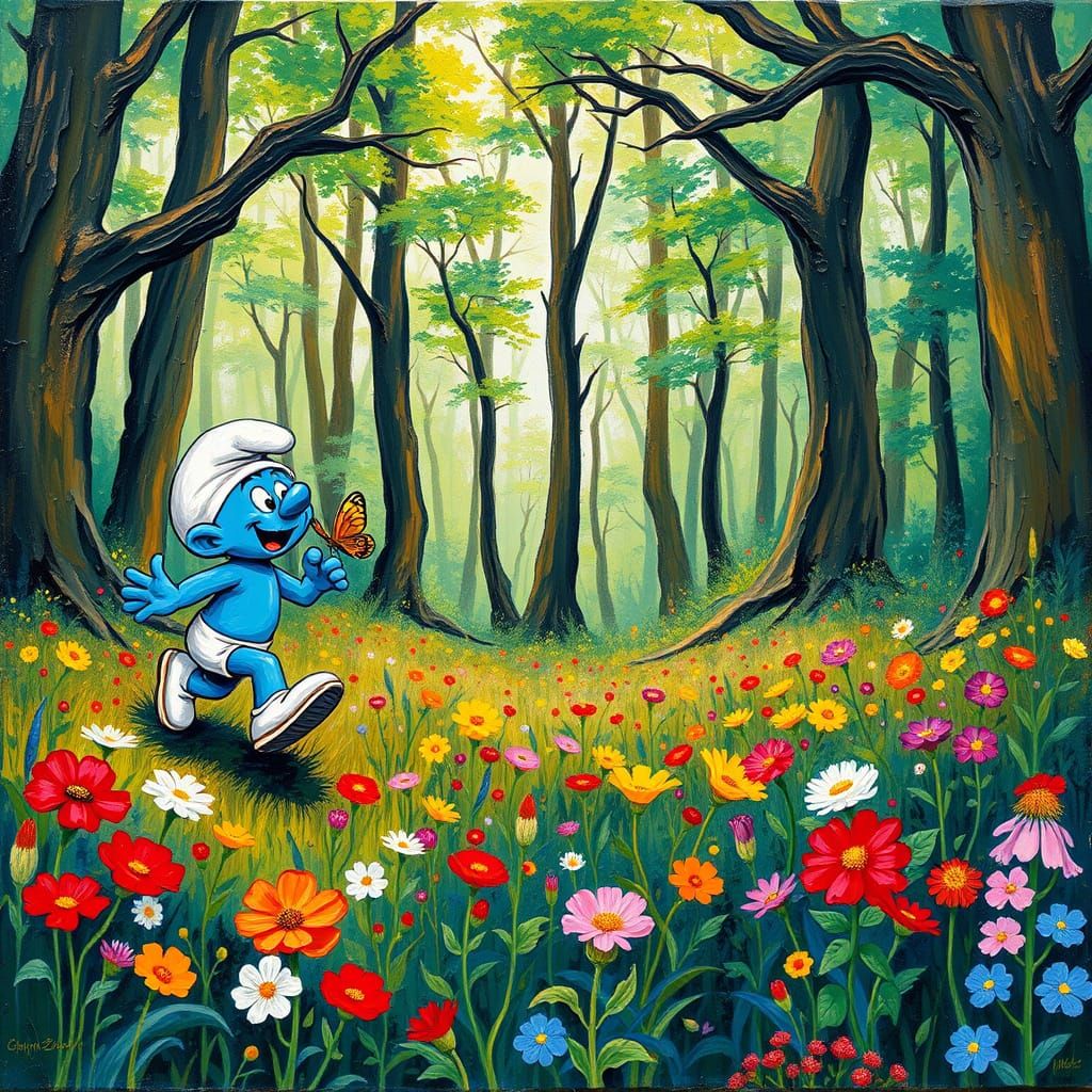 Vibrant Smurf in Forest Neo-Impressionist Masterpiece