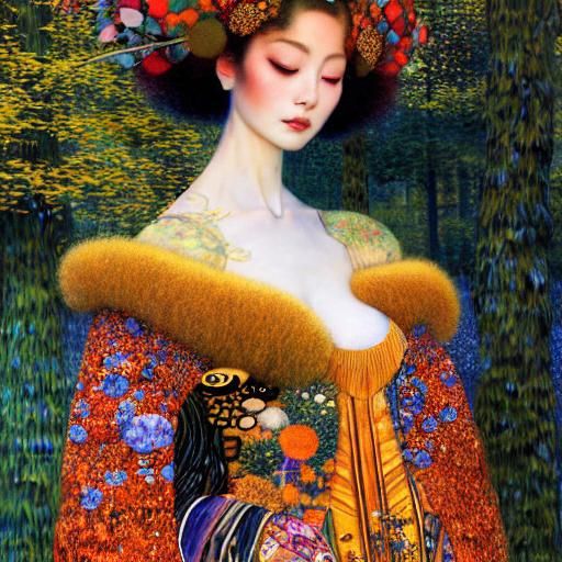 Sunset Cat Hybrid Woman in Magical Forest, Art Nouveau