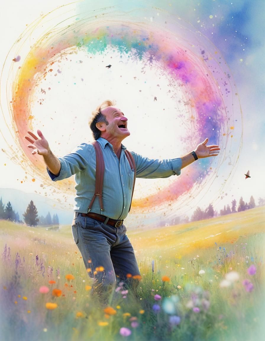 Joyful Robin Williams in Whimsical Meadow, Pastel Art