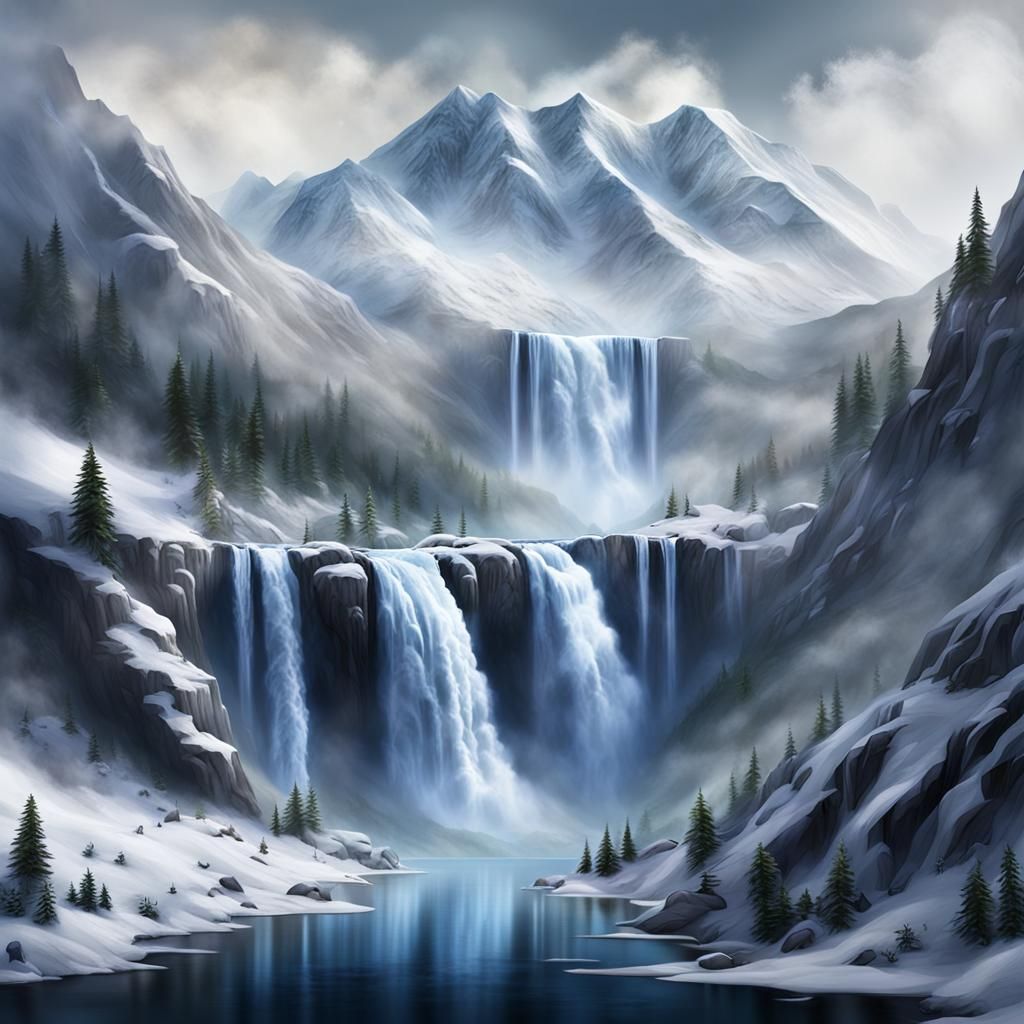 Smoky Waterfall Over Snowy Mountains