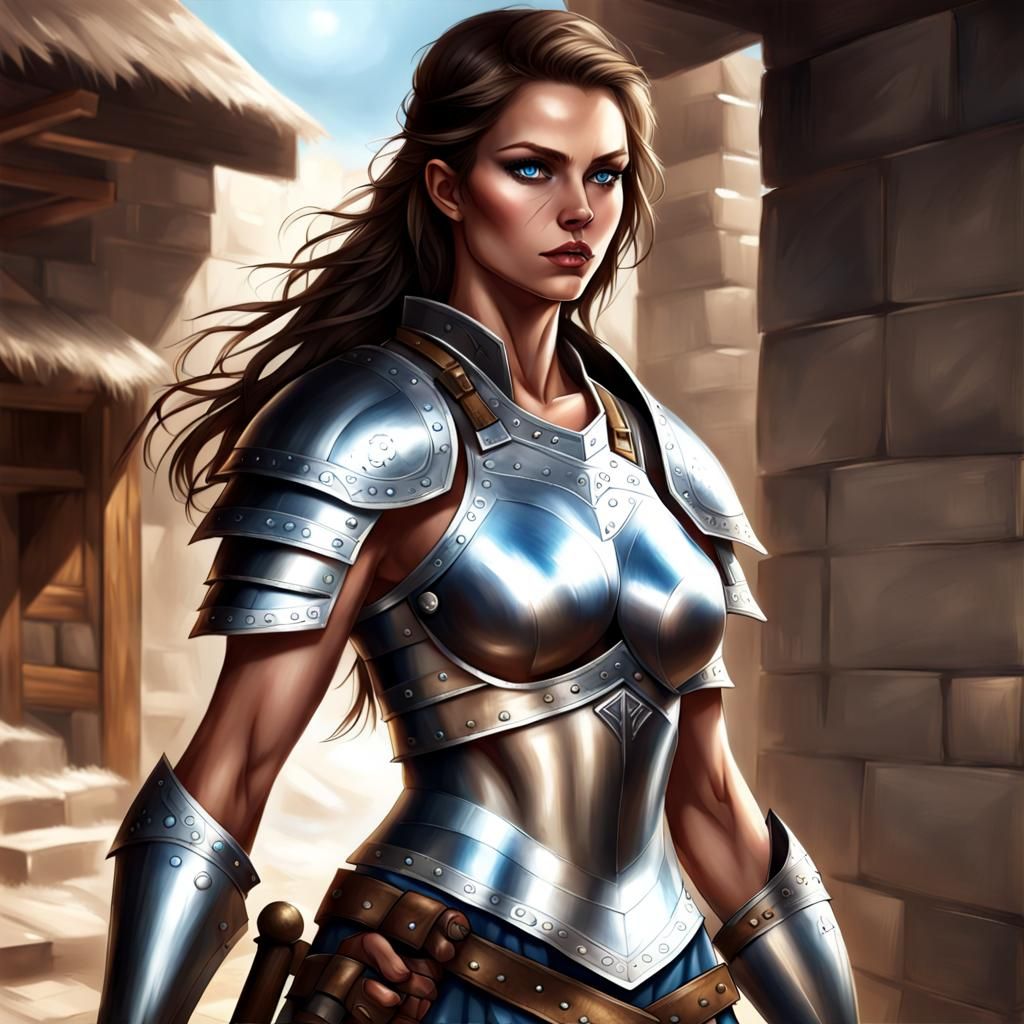Beautiful Female Warrior with Axe in Silver Armor