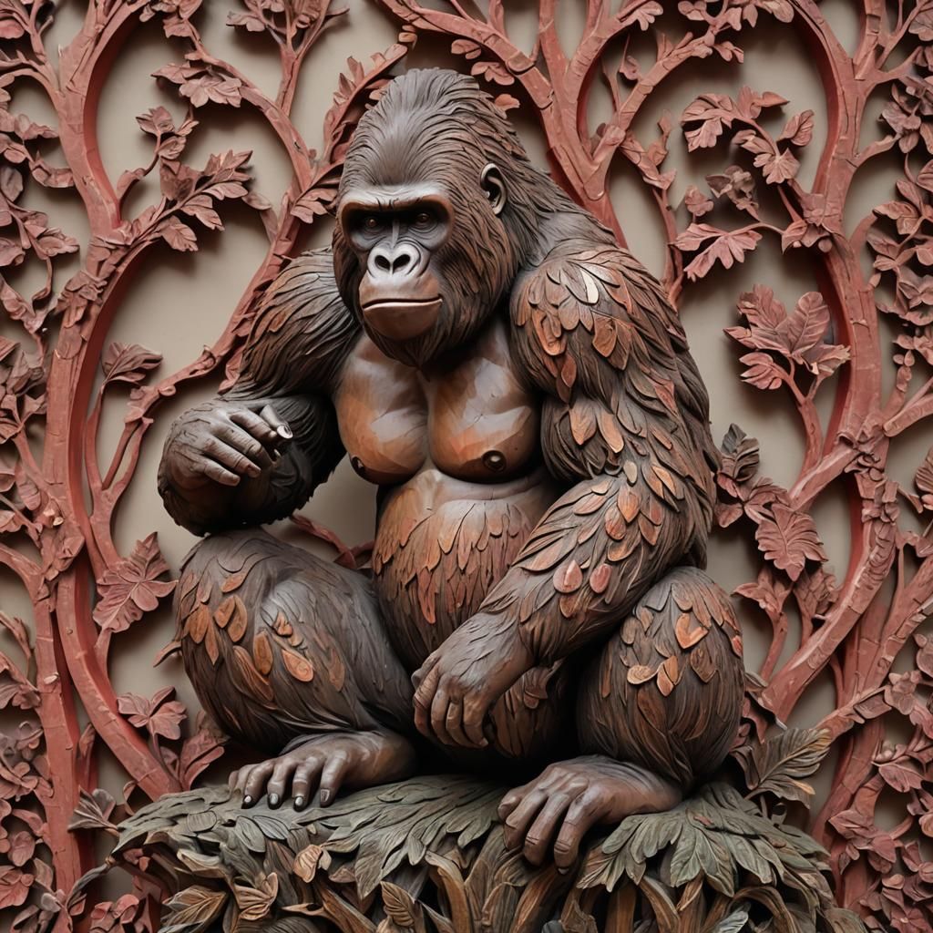 Detailed Wood Carving of Gorilla at Sunset