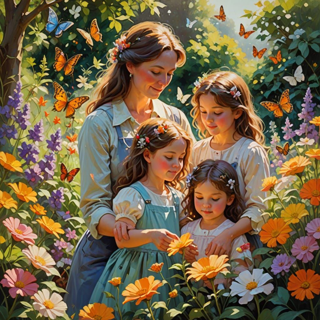 Warm Motherly Love in a Vibrant Impressionist Garden