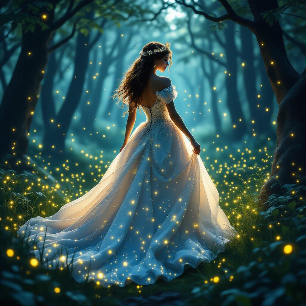 Ethereal Forest Queen with Starry Dress and Fireflies
