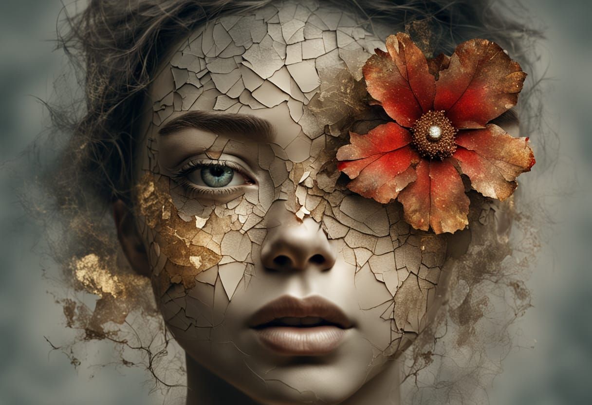 Cracked Portrait with Red Flower in Surreal Style