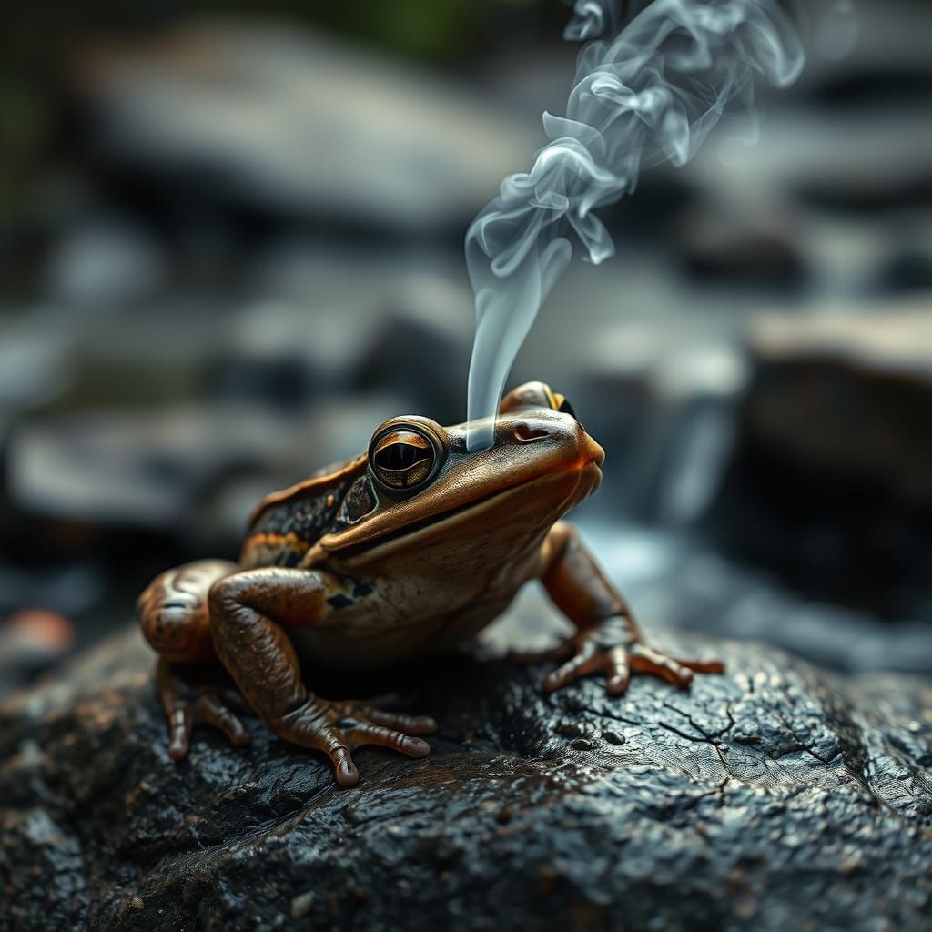 Hyperrealistic Frog Breathing Fire by a Stream