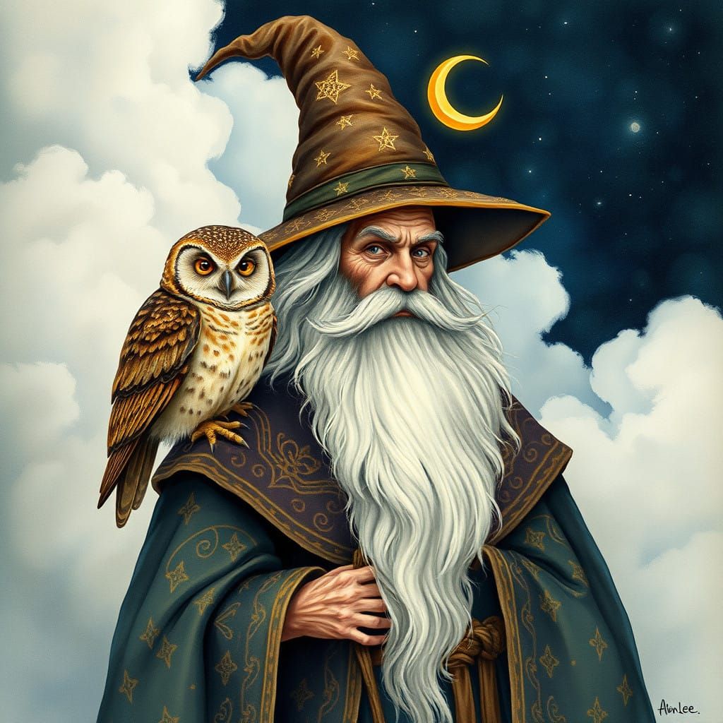 Mystical Wizard and Owl Under Starry Night
