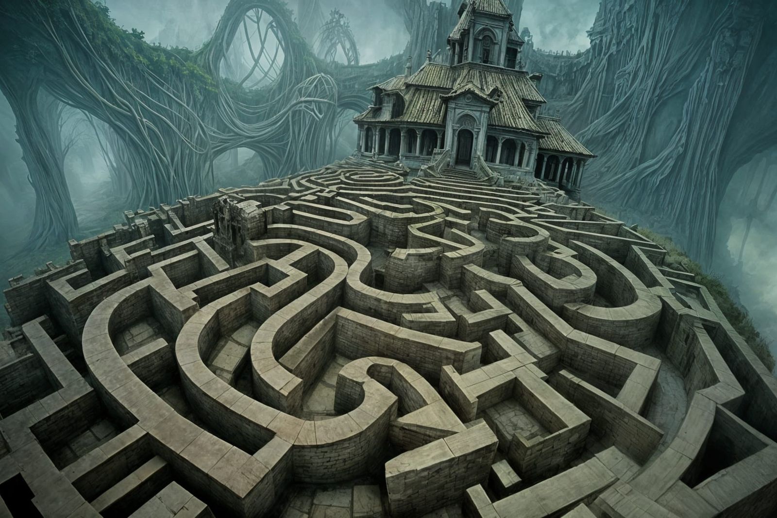 Ethereal Ghosts Haunt Maze: A Surreal Horror Artwork