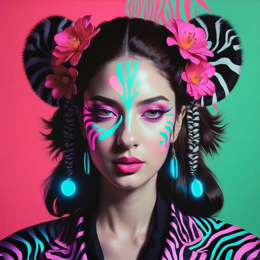 Confused Neon Zebra Portrait in Retro Style