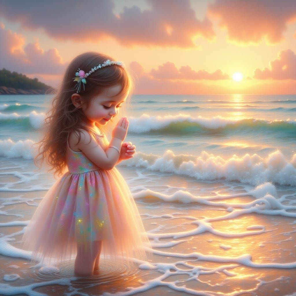 Girl in Prayer on Beach at Sunset, Ethereal Digital Art